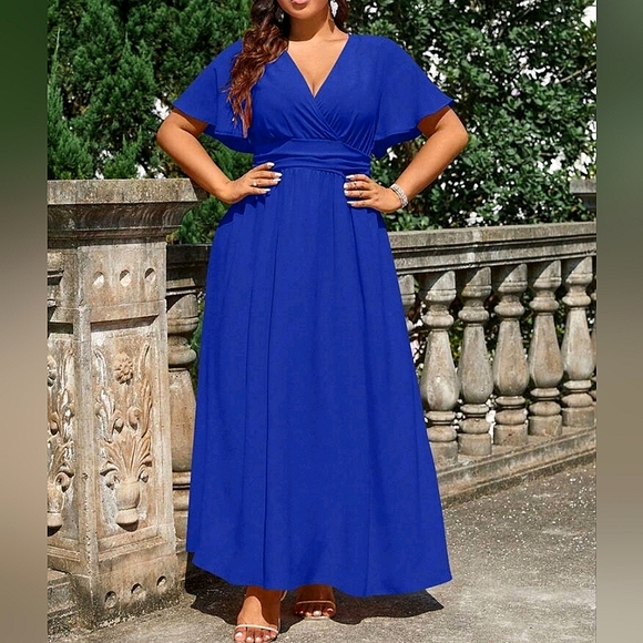 NEW Chic Ruched Waist Flutter Sleeve Maxi Dress PLUS Royal Blue - Picture 1 of 10